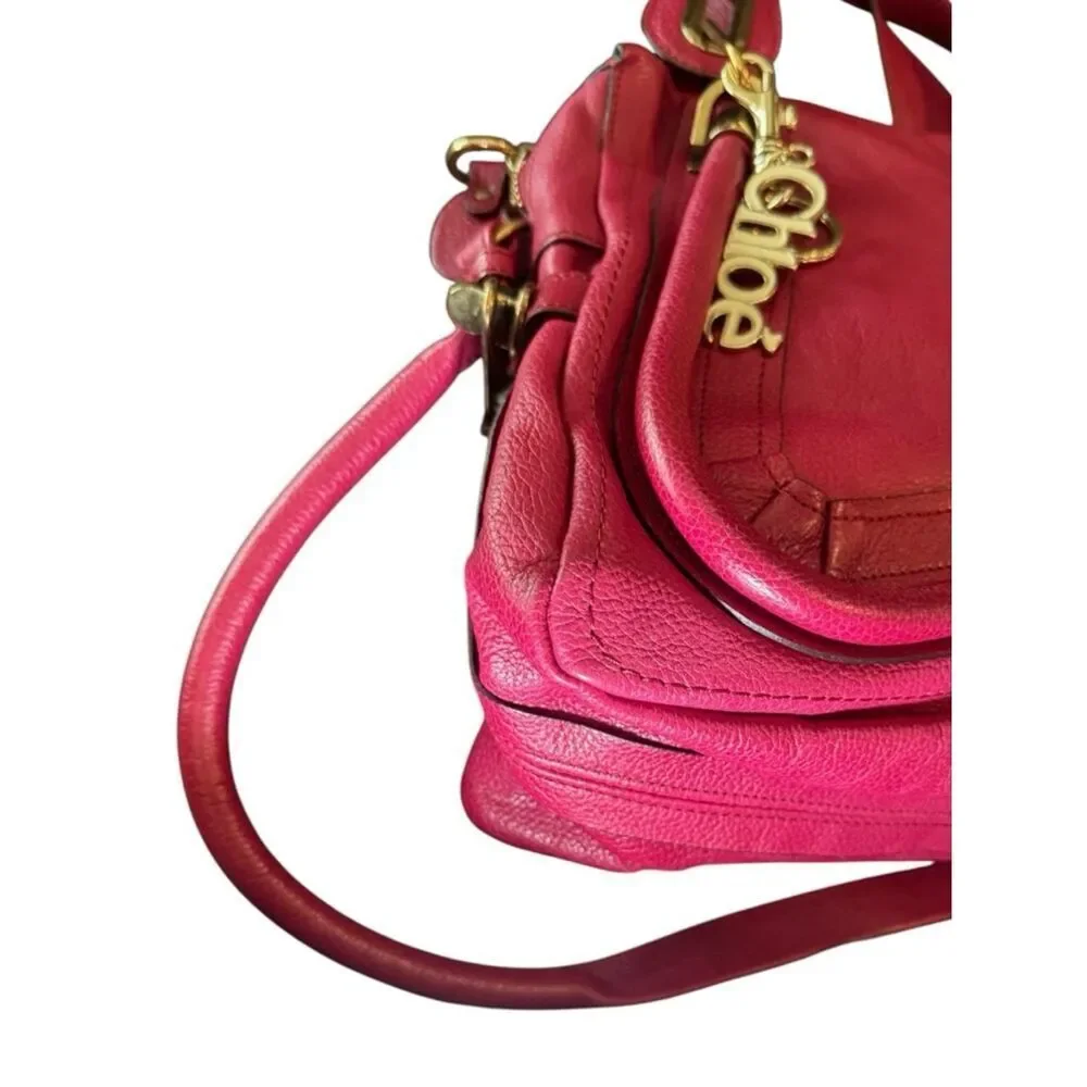 Chloe Fuchsia Pink Leather Medium Paraty 2way Satchel with Charm Auth
